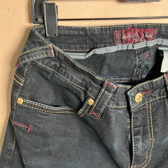 Low Rise Vintage Baby Phat ESTILO Stretch Flare Capri Crystal Cat Pockets Size 9 - Picture 11 of 14